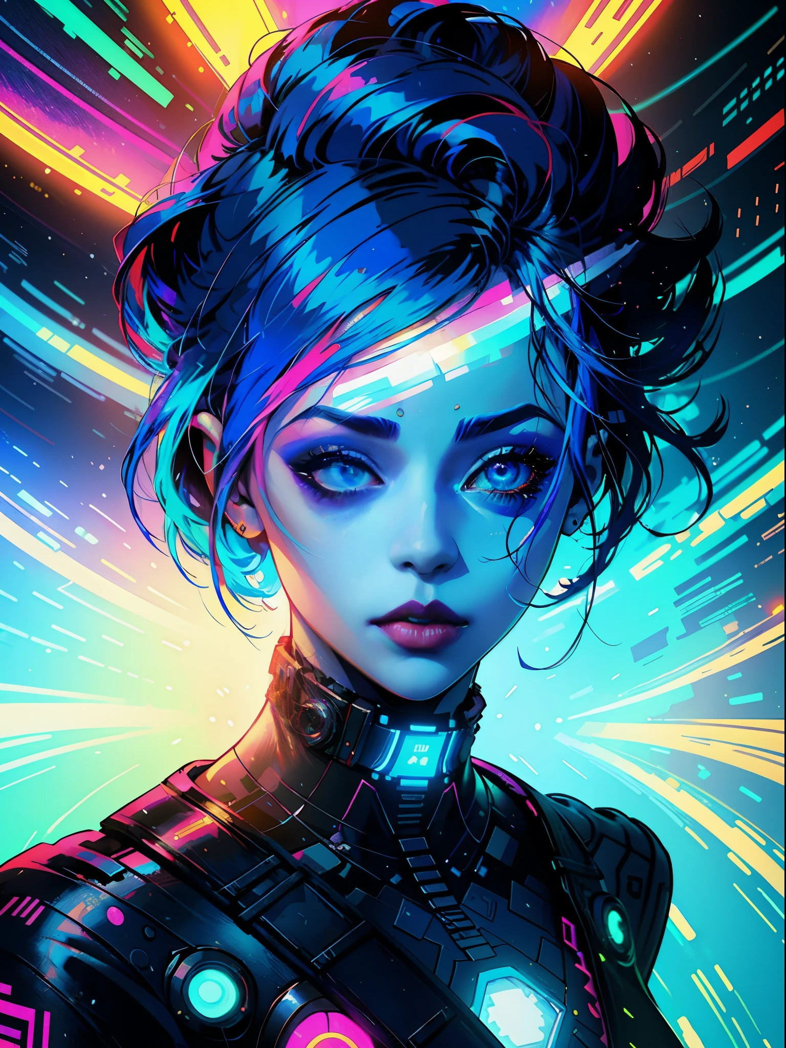 Digital painting of a woman with blue hair、Glitch Art、Behind Contest Winner、afro futurism、Synth Wave、neons、glowing neon