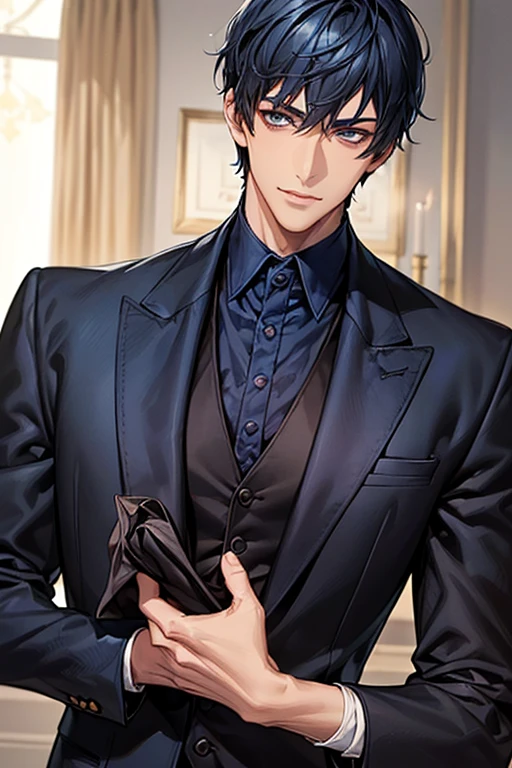 ((muste piece)), ((best quality)), ((brown skin)), ((dark blue eyes)), ((Dark blue hair))、handsome man , ((very very short hair)), masculine、tall、sexy、Adult man、Three white eyes、handsome man、firmly、muscular、broad shoulders、smile、wild、とてもwild、(((black suit))、Upper body、Daiki Aomine