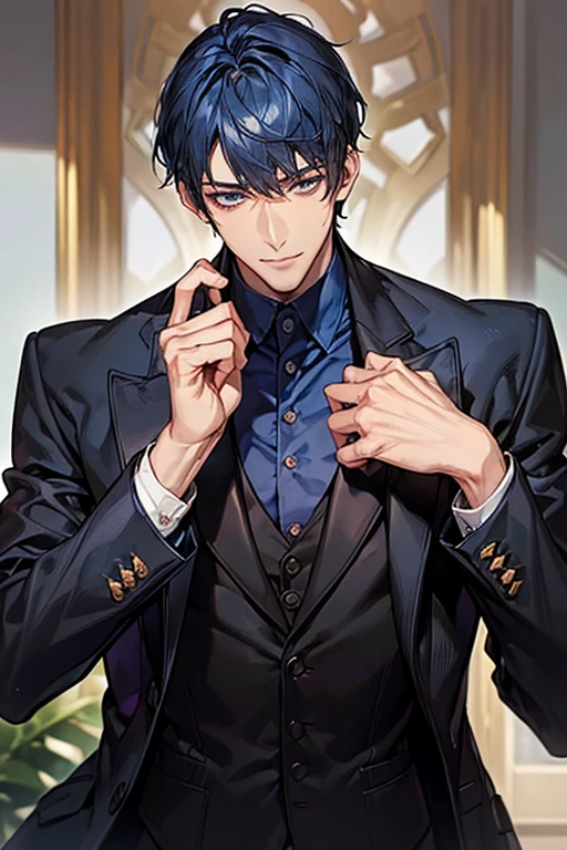((muste piece)), ((best quality)), ((brown skin)), ((dark blue eyes)), ((Dark blue hair))、handsome man , ((very very short hair)), masculine、tall、sexy、Adult man、Three white eyes、handsome man、firmly、muscular、broad shoulders、smile、wild、とてもwild、(((black suit))、Upper body、Daiki Aomine