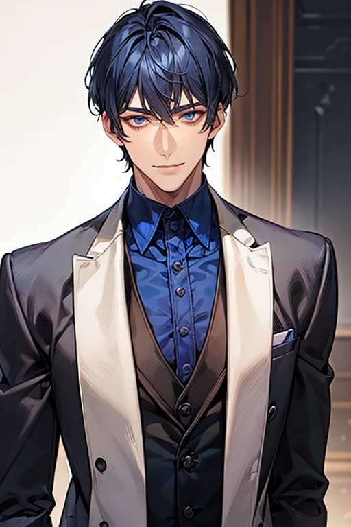 ((muste piece)), ((best quality)), ((brown skin)), ((dark blue eyes)), ((Dark blue hair))、handsome man , ((very very short hair)), masculine、tall、sexy、Adult man、Three white eyes、handsome man、firmly、muscular、broad shoulders、smile、wild、とてもwild、(((black suit))、Upper body、Daiki Aomine