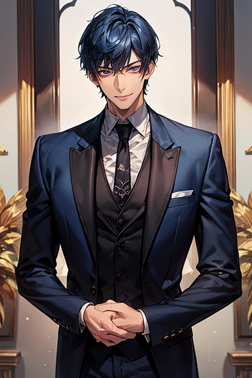 ((muste piece)), ((best quality)), ((brown skin)), ((dark blue eyes)), ((Dark blue hair))、handsome man , ((very very short hair)), masculine、tall、sexy、Adult man、Three white eyes、handsome man、firmly、muscular、broad shoulders、smile、wild、とてもwild、(((black suit))、Upper body、Daiki Aomine