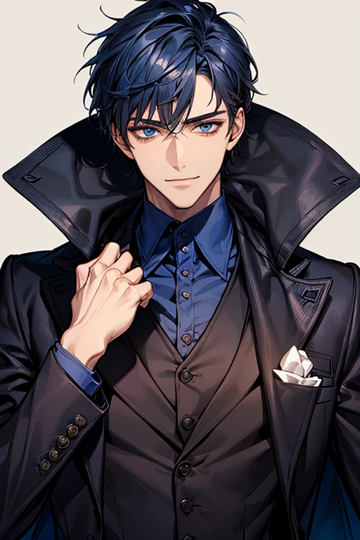 ((muste piece)), ((best quality)), ((brown skin)), ((dark blue eyes)), ((Dark blue hair))、handsome man , ((very very short hair)), masculine、tall、sexy、Adult man、Three white eyes、handsome man、firmly、muscular、broad shoulders、smile、wild、とてもwild、(((black suit))、Upper body、