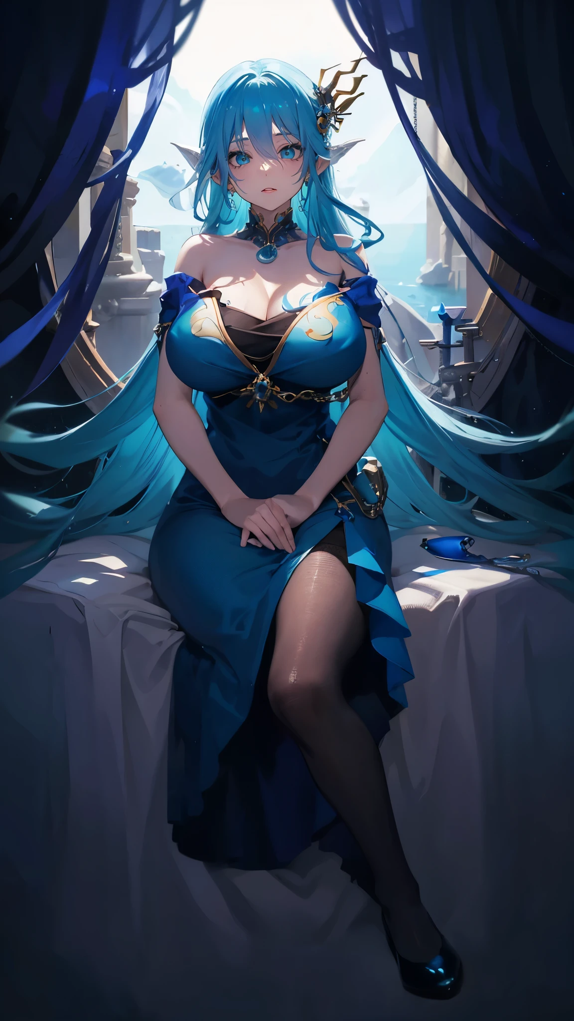 海long blue hair,close up,dream world,Mermaid Royal Sister, 海long blue hair,sitting on an royal throne,tear nevus,Mermaid ears,(pearl head chain,necklace),necklace,Long off-the-shoulder blue dress,humanoid, Poseidon temple background, her skin is white, fair complexion,green eyes,long blue hair, Two long black stocking legs,High heel,black legs,tattoo