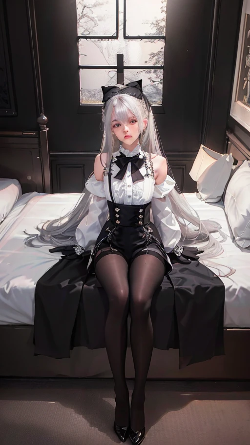 (((1 girl)),Ray tracing,(dim lights),[Detailed background (bedroom)),((silver hair)),((silver hair)),(Fluffy silver hair, plump and slender girl)) high ponytail)))) Avoid blonde eyes in the ominous bedroom ((((Girl wears exquisitely embroidered black high-waisted pants with pantyhose) and white ruffled bow gloves), Show off your exquisite figure and graceful curves, correct limbs, sitting on bed