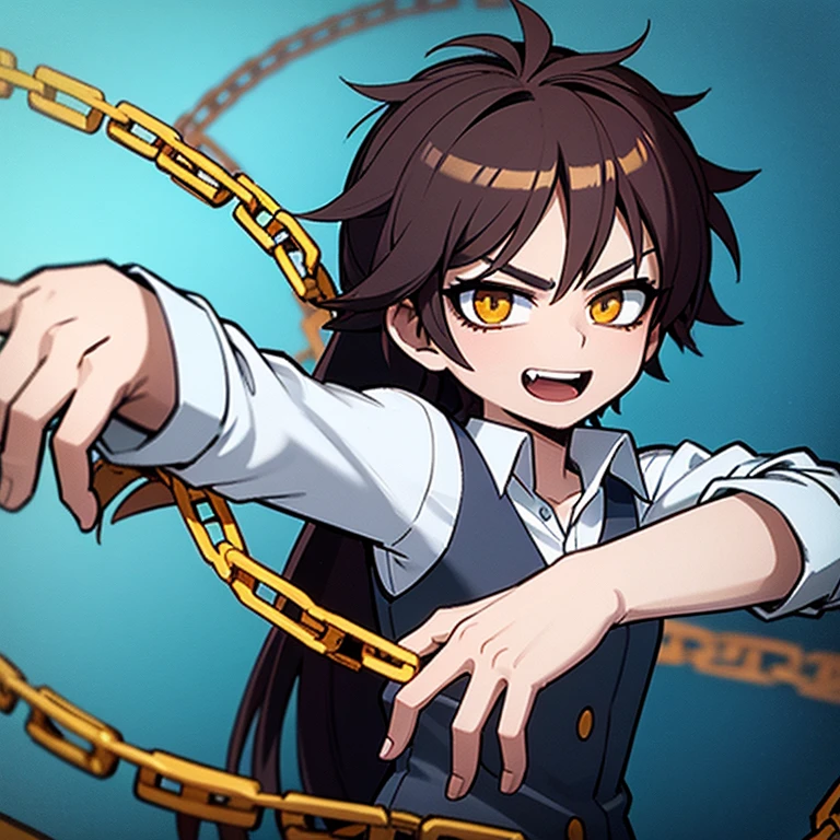 Anime style image of a boy wearing a school uniform and his right arm is full of chains
