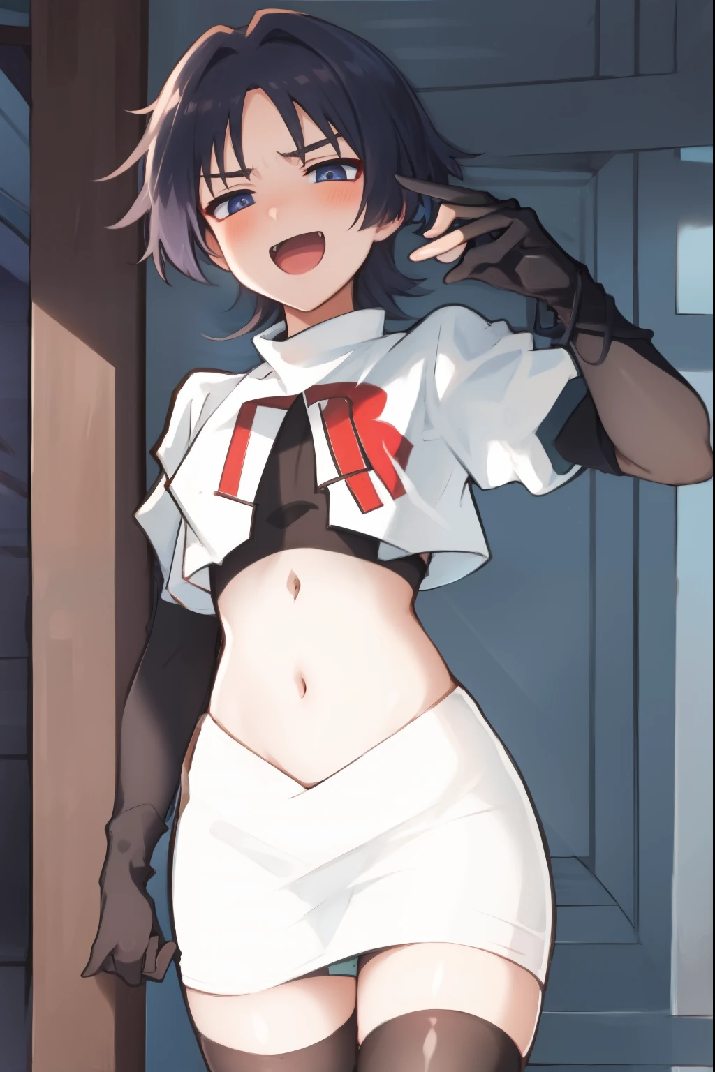 absurdres,masterpiece, trap, best quality, highres, high quality, 1boy, solo, male focus, hair, crossdressing,1boy,team rocket,team rocket uniform,white skirt,red letter R,crop top,black thigh-highs,black elbow gloves, evil laugh, blush