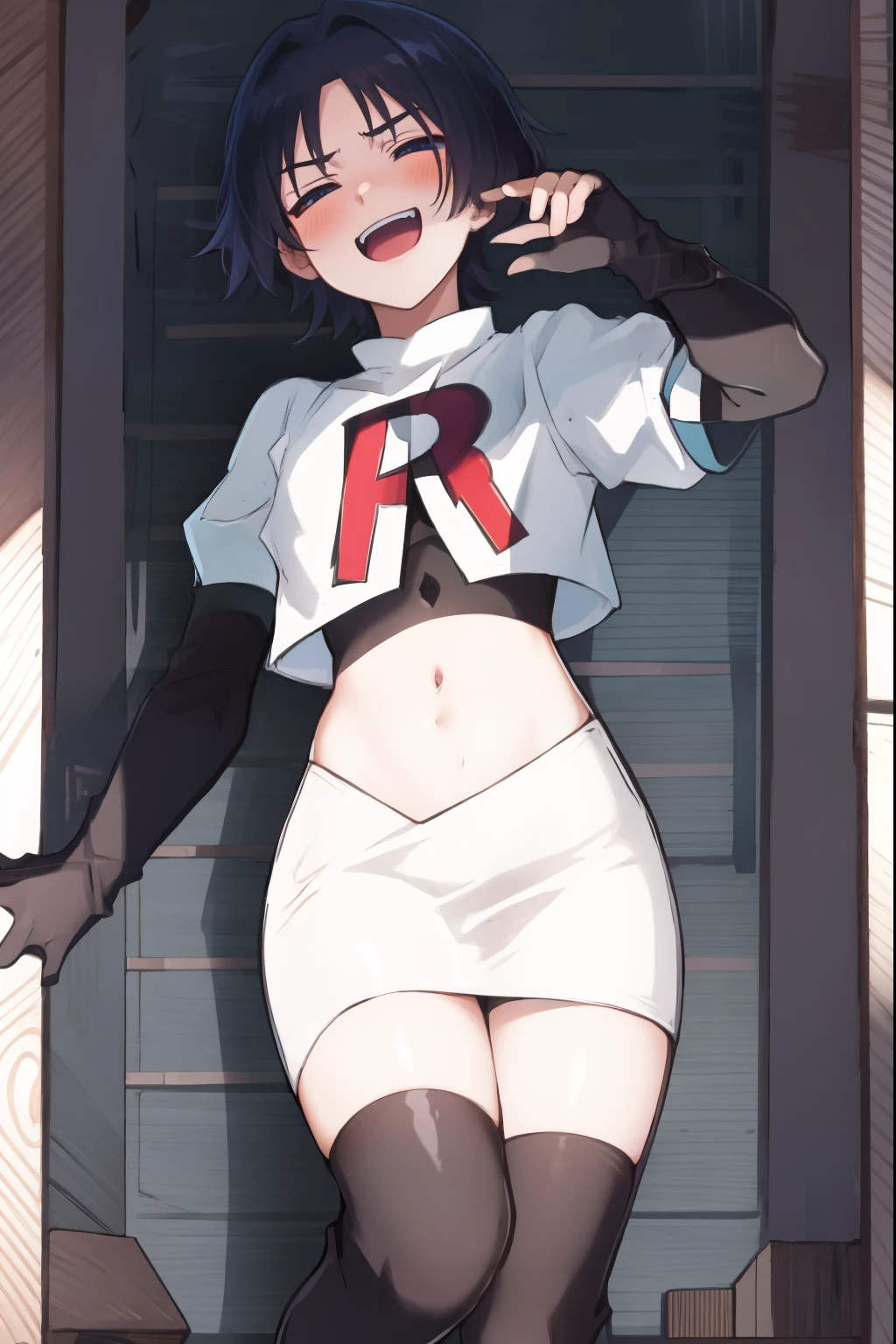 absurdres,masterpiece, trap, best quality, highres, high quality, 1boy, solo, male focus, hair, crossdressing,1boy,team rocket,team rocket uniform,white skirt,red letter R,crop top,black thigh-highs,black elbow gloves, evil laugh, blush