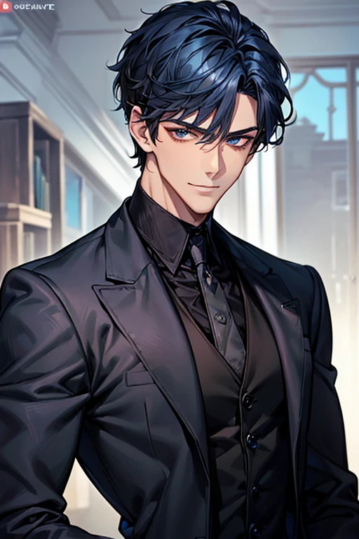 ((muste piece)), ((best quality)), ((brown skin)), ((dark blue eyes)), ((Dark blue hair))、handsome man , ((short hair)), masculine、tall、sexy、Adult man、Three white eyes、handsome man、firmly、muscular、broad shoulders、smile、wild、とてもwild、(((black suit))、Upper body、