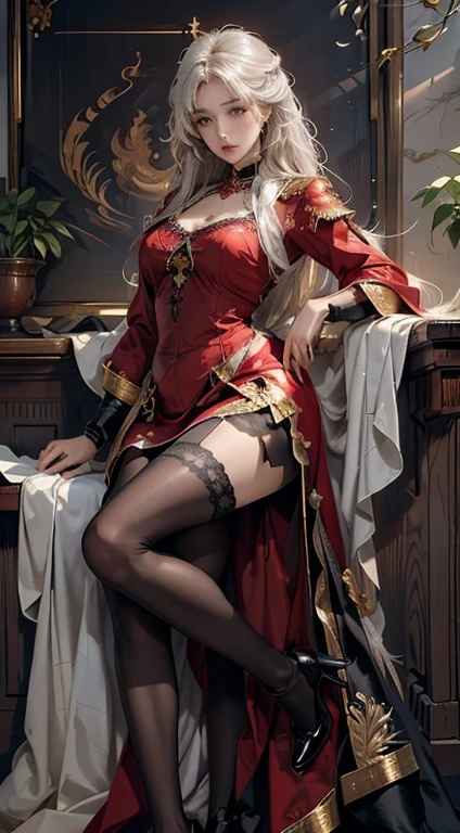 ((Masterpiece, Highest quality)), Detailed face, CharacterDesignSheet，full bodyesbian, Full of details, Multiple poses and expressions, Highly detailed, Depth, Many parts，beuaty girl，cinmatic lighting，with light glowing，Red and gold，Phoenix decoration，light yarn，Lace，lacepantyhose，high-heels