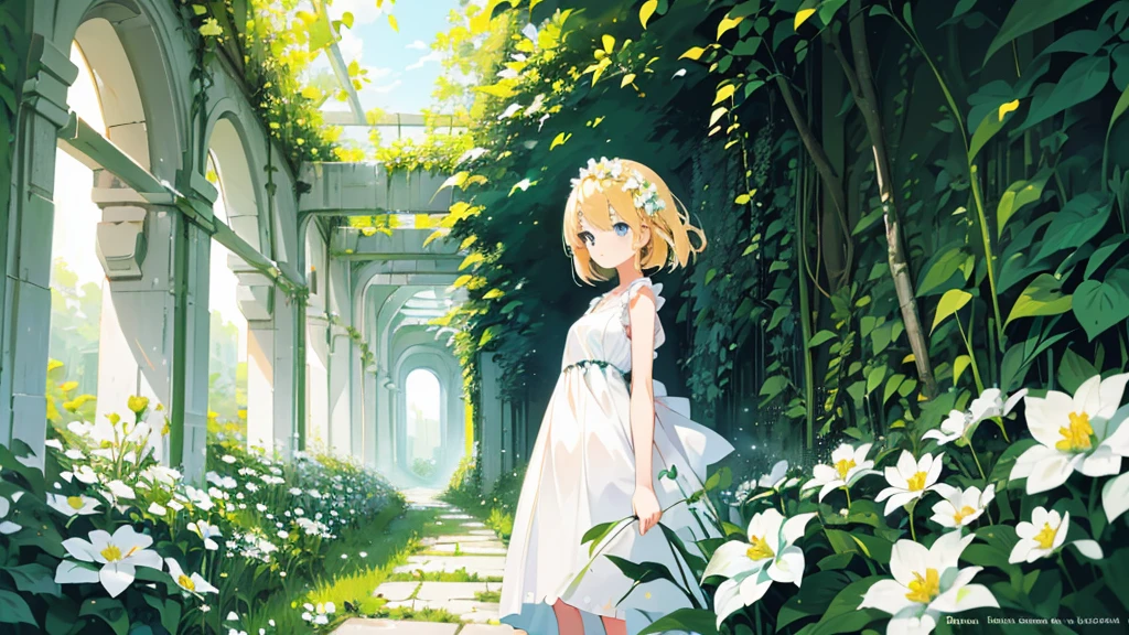 (1 girl, blonde hair, blue eyes, white sundress, kawaii), (white flower field, green road, brick tunnel, sunlight filtering through the foliage), (low contrast, flat color, limited palette)