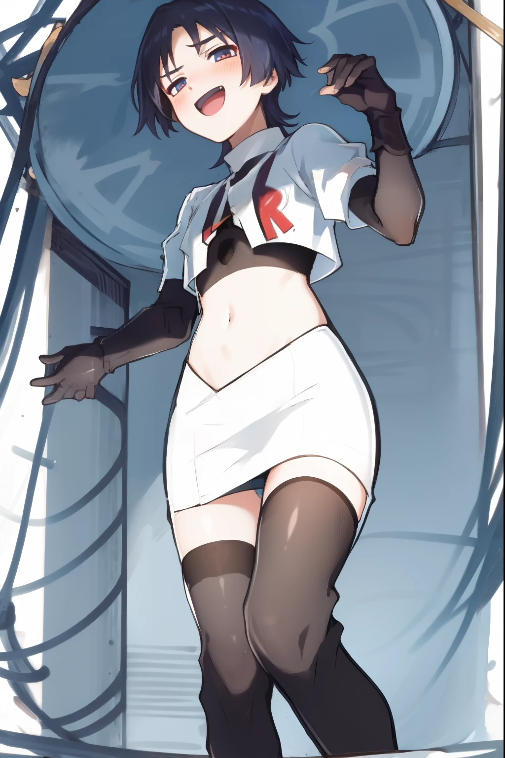 absurdres,masterpiece, trap, best quality, highres, high quality, 1boy, solo, male focus, hair, crossdressing,1boy,team rocket,team rocket uniform,white skirt,red letter R,crop top,black thigh-highs,black elbow gloves, evil laugh, blush