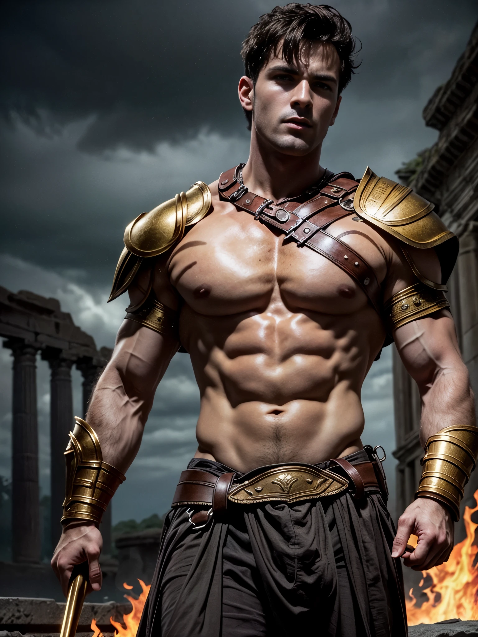 ((masterpiece)),((best quality)),8k, high detailed, ultra-detailed, Stylish Pose, real skin texture, dark cinematic lighting, full body shot, 35 mm lens, night, dark night, masculine, 26-year-old Italian male model, handsome Roman, he is the god of war, he is Ares, (god Ares:1.4), Mars, evil-looking, strong look, light green eyes, emerald green eyes, strong jawline, square jaw, dressed as a gladiator, ancient gladiator, male gladiator skirt, shaved face, (buzz cut hair:1.4), short wavy hair, dark brown, shirtless, top naked, smoke, fire, open field, battle, background, blood on his chest, , , flawless skin, high detail, destroyed ancient Rome, ancient army in the background, dark storm, dark atmosphere, dark cloudy night,,,,,Depth of field, award-winning photography, elegant, hyperrealistic, octane render, unreal, high definition, 8k resolution, highly detailed, 8k uhd, professional lighting, photon mapping, radiosity, physically-based rendering