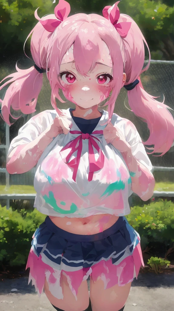 masterpiece、highest quality、Very detailed、Photograph the upper body、1 female、(Arms behind your back:1.4)、Are standing、Turn your body forward、View your vieweraid、School Swimsuit、apron)、blush、shy、Pink Hair、Open your mouth、Ocean、Big Breasts、