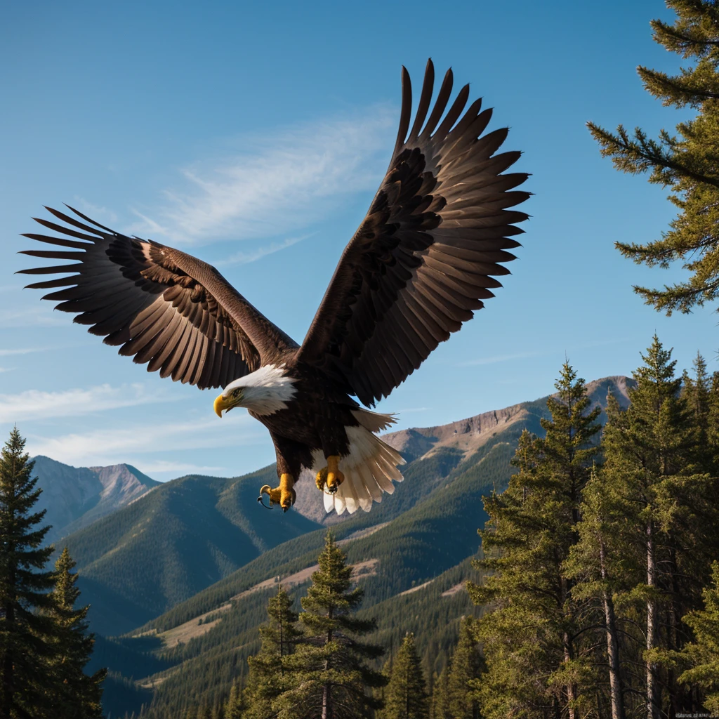 (best quality,4k,8k,highres,masterpiece:1.2),ultra-detailed,(realistic,photorealistic,photo-realistic:1.37),HD,sky1,stunning detailed eagle soaring,breathtaking view of rocky mountain range,majestic bald eagle with intense expression,mesmerizing blue lake reflecting sunlight,picturesqe pine forests,sunlight filtering through the trees,natural beauty and tranquility,high contrast between the eagle and the landscape,dramatic lighting evoking a sense of awe,wings spread wide capturing the essence of freedom,feathers rendered with intricate detail,imposing presence of the bald eagle,sharp focus to highlight the eagle's features,crisp and vivid colors enhancing the overall impact,expertly captured wildlife photography,stunning masterpiece of nature's magnificence.