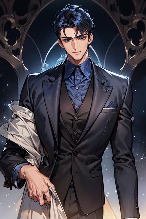 ((muste piece)), ((best quality)), ((brown skin)), ((dark blue eyes)), ((Dark blue hair))、handsome man , ((short hair)), masculine、tall、sexy、Adult man、Three white eyes、handsome man、firmly、muscular、broad shoulders、smile、wild、とてもwild、(((black suit))、Upper body