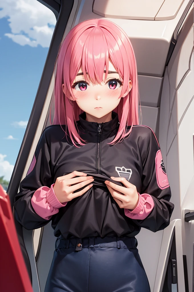 (((perfect pixels, perfect details))), alone, 1 girl, sumi sakurasawa, pink compression shirt, looking, blushing, embarrassed , blushing, short compression shirt, pink, blush, big breasts, pink hair, park, stading