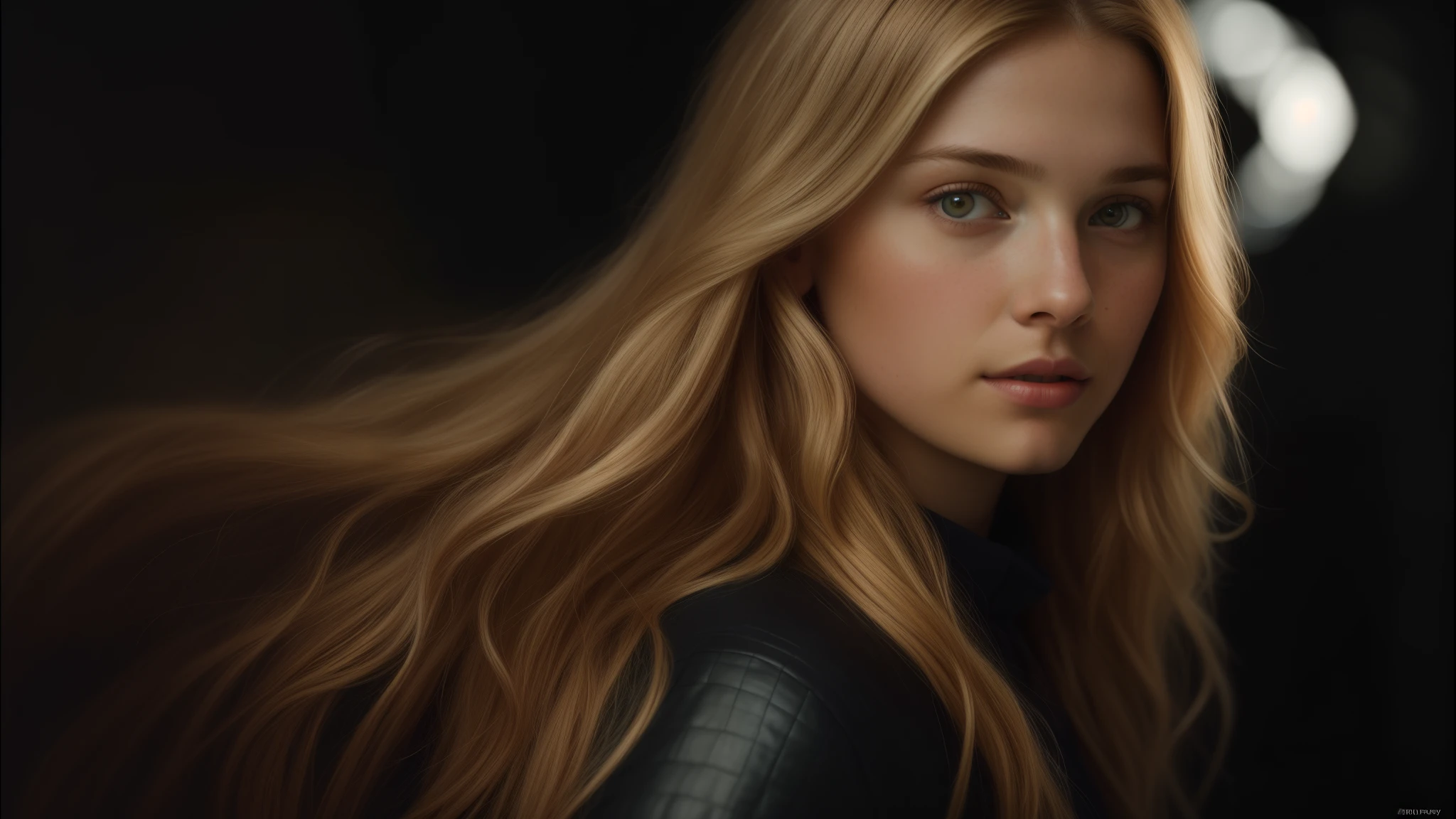 (front focus),(in the dark:1.6), Hyperrealist portrait of the female by David Hockney and Alphonse Mucha, fantasy art, photo-realistic, dynamic lighting, art station, poster, volumetric lighting, very detailed faces, 4 k, award-winning,, 1girl, in the dark, deep shadow, low key, cowboy shot,(official clothing:1.4), long hair, blond hair,
