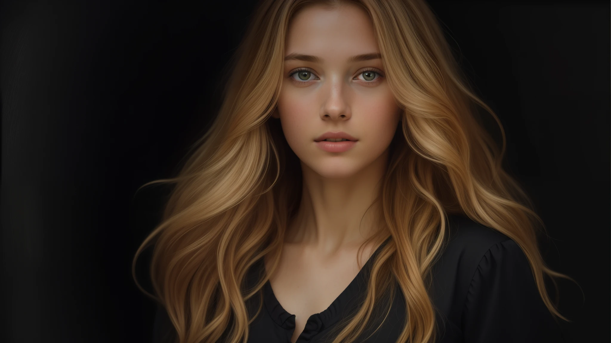 (front focus),(in the dark:1.6), Hyperrealist portrait of the female by David Hockney and Alphonse Mucha, fantasy art, photo-realistic, dynamic lighting, art station, poster, volumetric lighting, very detailed faces, 4 k, award-winning,, 1girl, in the dark, deep shadow, low key, cowboy shot,(official clothing:1.4), long hair, blond hair,