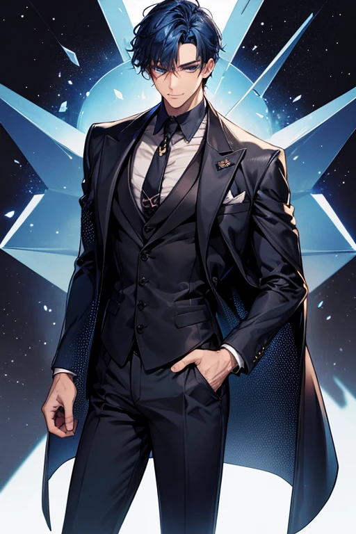 ((muste piece)), ((best quality)), ((brown skin)), ((dark blue eyes)), ((Dark blue hair))、handsome man , ((short hair)), masculine、tall、sexy、Adult man、Three white eyes、handsome man、firmly、muscular、broad shoulders、smile、wild、とてもwild、(((black suit))、