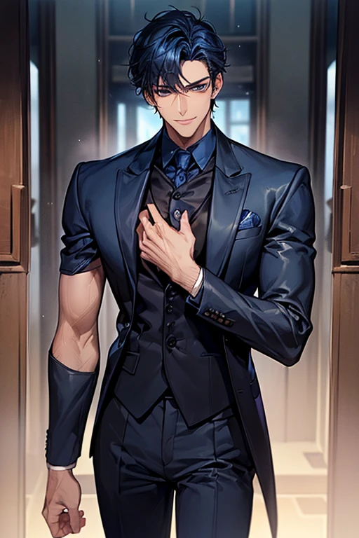 ((muste piece)), ((best quality)), ((brown skin)), ((dark blue eyes)), ((Dark blue hair))、handsome man , ((short hair)), masculine、tall、sexy、Adult man、Three white eyes、handsome man、firmly、muscular、broad shoulders、smile、wild、とてもwild、(((black suit)))、
