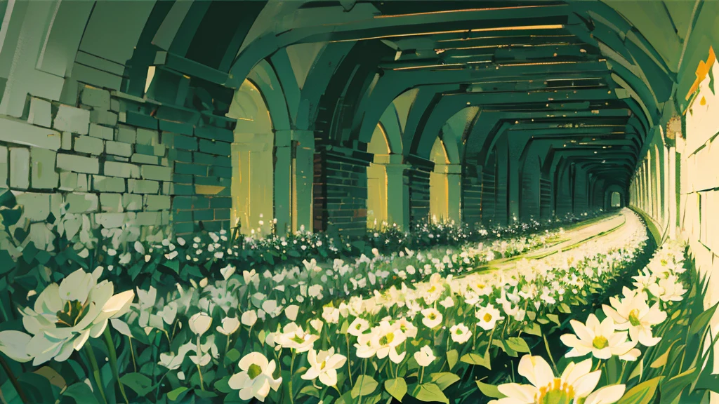 (white flower field, green road, brick tunnel, sunlight filtering through the foliage), (low contrast, flat color, limited palette)