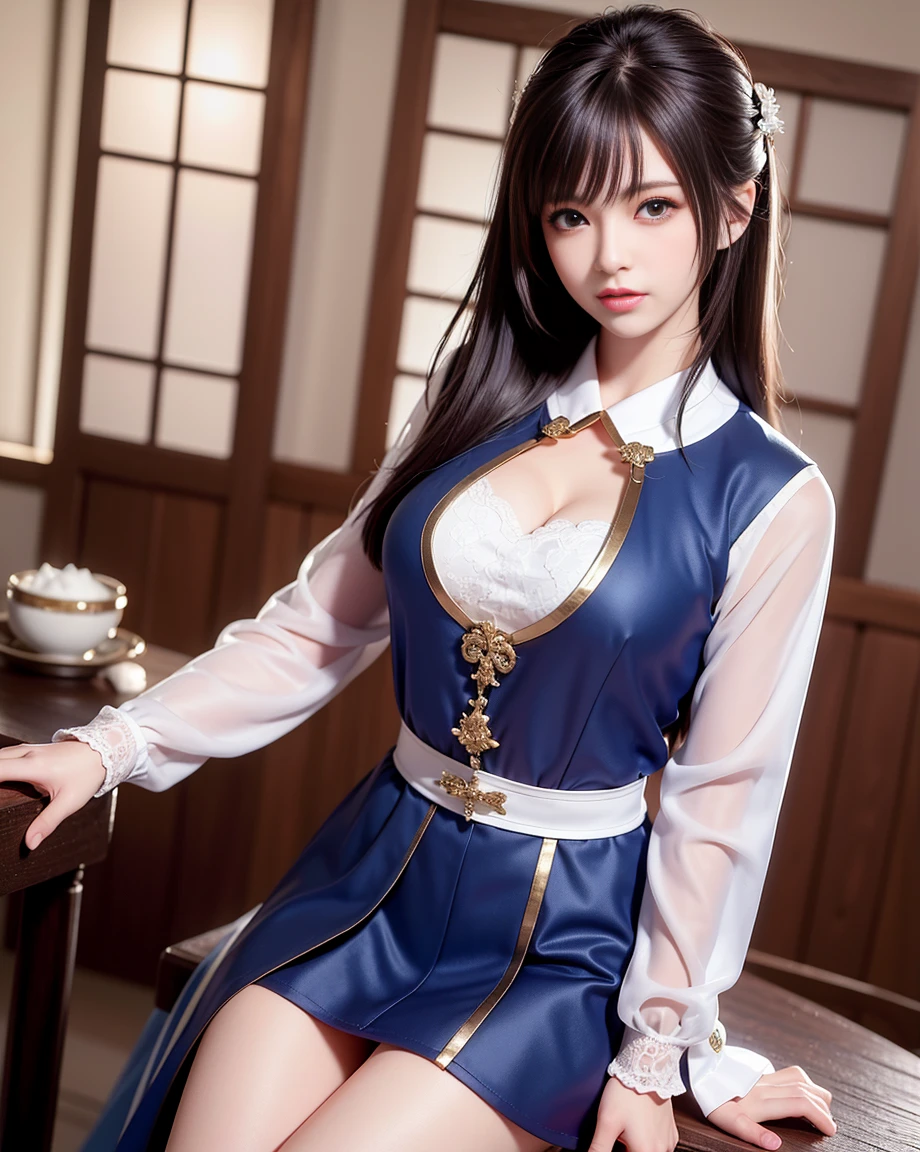(hyper real stick:1.4), (realistic:1.4、ideal body proportions:1.4、Beautiful symmetrical face、bangs:1.4、shiny hair:1.4), debris flies、highest quality、強烈なハイライトを持つ美しく詳細な女性eye, very detailedなeyeと顔, beautiful and fine eye, that'that'that'that'ridiculous, unbelievable that'that'that'that'ridiculous,cute笑顔、 Super detailed, High resolution, very detailed, highest quality, Masseter muscle part, ((japanese girl' high school uniform)), very detailed, 8k wallpaper, growing up, finely, Masseter muscle part,, highest quality, very detailedなええとユニフォーム8k壁紙, light shines on your face、movie lighting、28 years old woman、((dynamic pose))、(half)、(very tall supermodel:1.4、Sit cross-legged with your knees bent, brunette, medium short bob hair、long neck、Please tell me your year'eye、Rashi'beautiful teeth、cute、とてもcute、Beautiful woman full of charm:1.4、{Huge|big|Hugeな|mega} chest:1.4, cleavage