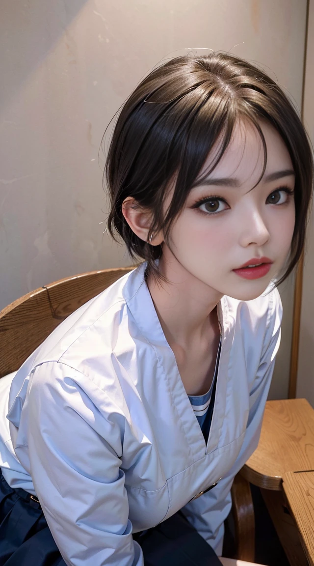 (hyper real stick:1.4), (realistic:1.4、ideal body proportions:1.4、Beautiful symmetrical face、bangs:1.4、shiny hair:1.4), debris flies、highest quality、強烈なハイライトを持つ美しく詳細な女性eye, very detailedなeyeと顔, beautiful and fine eye, that'that'that'that'ridiculous, unbelievable that'that'that'that'ridiculous,cute笑顔、 Super detailed, High resolution, very detailed, highest quality, Masseter muscle part, ((japanese girl' high school uniform)), very detailed, 8k wallpaper, growing up, finely, Masseter muscle part,, highest quality, very detailedなええとユニフォーム8k壁紙, light shines on your face、movie lighting、28 years old woman、((dynamic pose))、(half)、(very tall supermodel:1.4、Sit cross-legged with your knees bent, brunette, medium short bob hair、long neck、Please tell me your year'eye、Rashi'beautiful teeth、cute、とてもcute、Beautiful woman full of charm:1.4、{Huge|big|Hugeな|mega} chest:1.4, cleavage