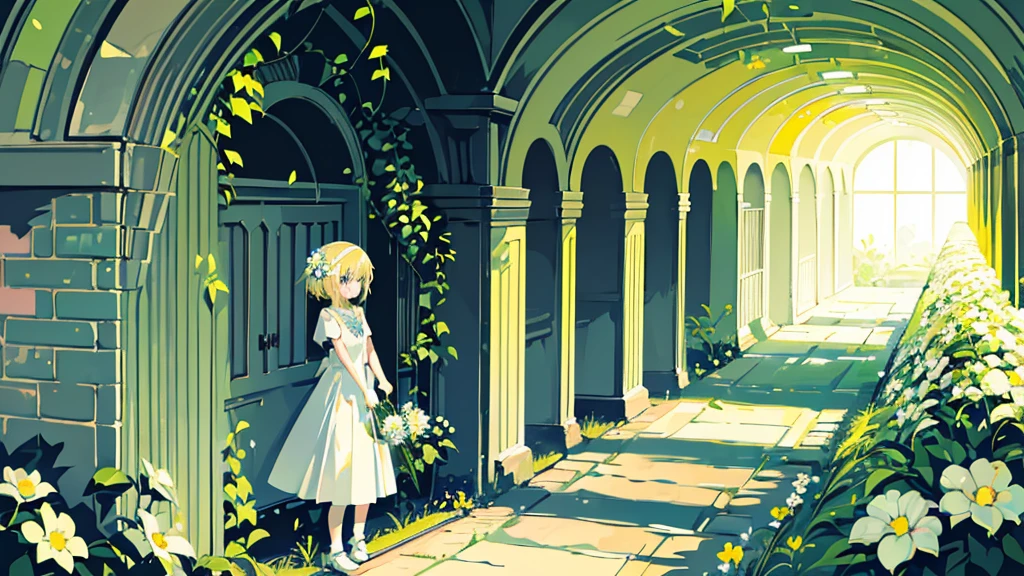 (1 girl, blonde hair, blue eyes, white sundress, kawaii), (white flower field, green road, brick tunnel, sunlight filtering through the foliage), (low contrast, flat color, limited palette)