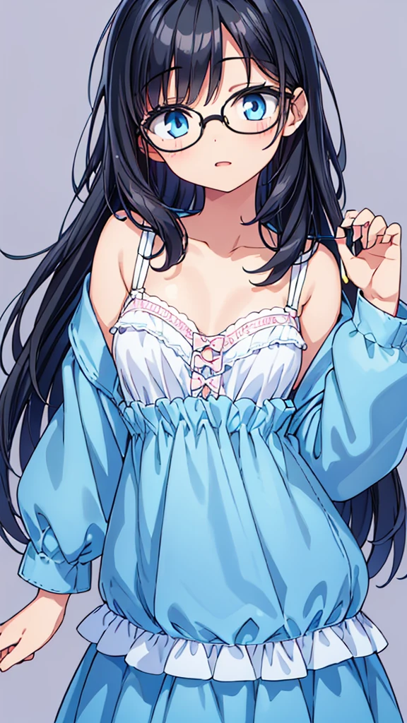Straight black hair and glasses、An illustration of a beautiful pre-teen girl with long hair who is excitedly trying to fasten the front hook of a pastel blue colored front hook bra that she is wearing for the first time.、Only a pastel blue front hook bra is on the upper body.