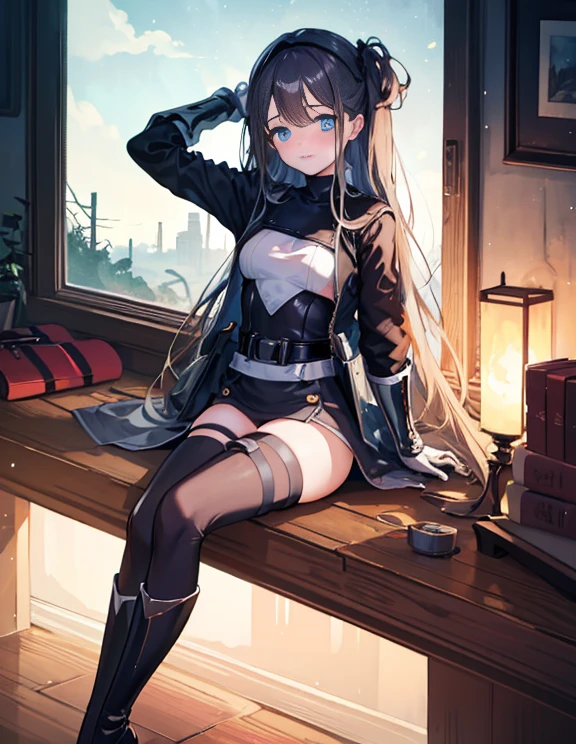 highest quality,sleeping face up in bed，Crab crotch，please show me your boots，thigh high boots，leotardチラ見せ，glove，Strange thieves，elegant, 1 girl, leotard，body suit，cute, blushed, looking at the viewer, from below, prison，blue eyes, beautiful eyes, beautiful background, particles of light, Light of the sun, dramatic lighting, outside, shiny, realistic, table top, highest quality, super detailed, be familiar with, scenery, beautiful and fine eyes, fine hair