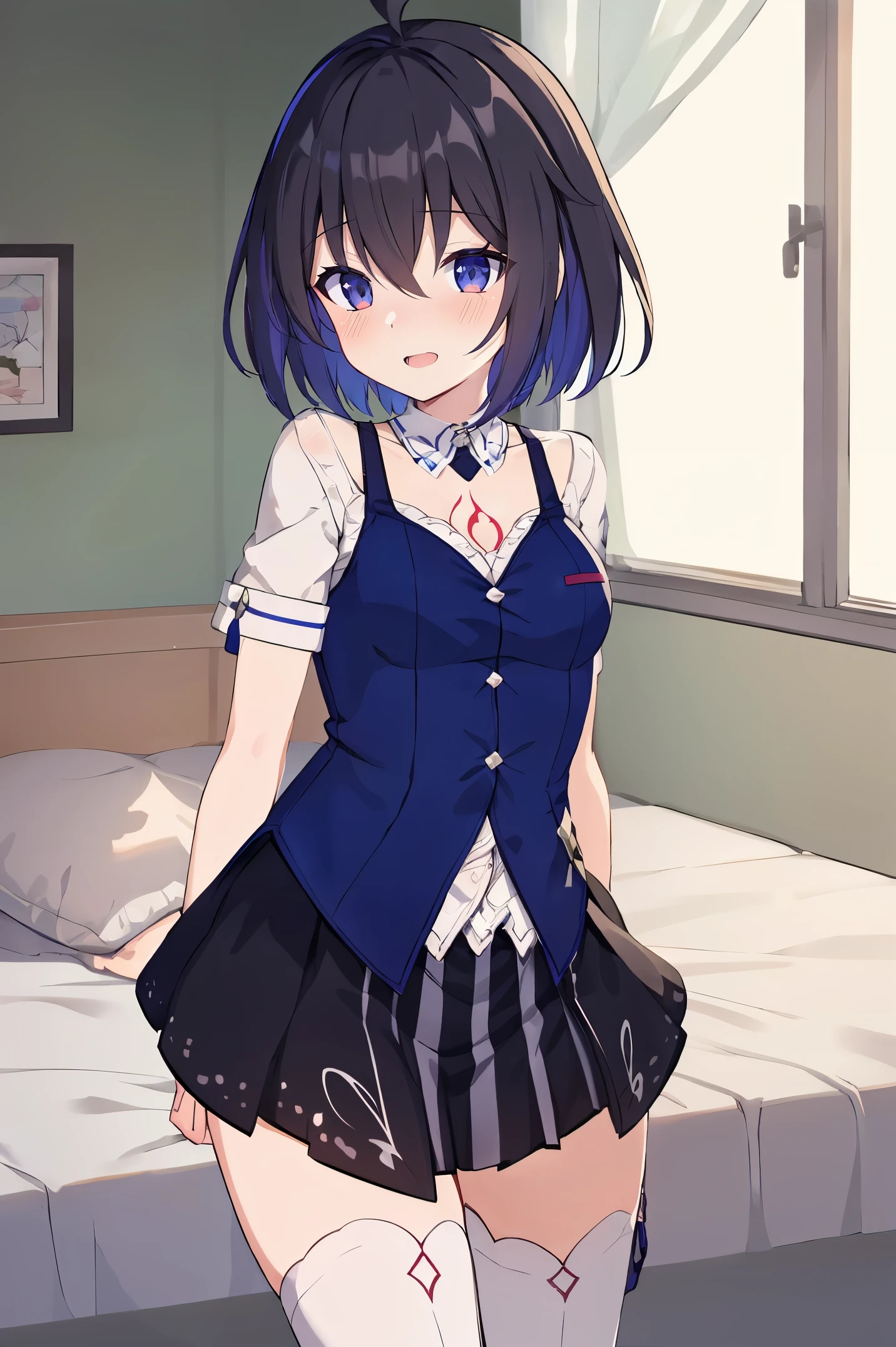 1 girl, best quality, ultra high res, ahoge, Seele Vollerei, medium breast, smile, small body, open mouth, azure memories, short sleeves, bedroom, white bed sheets, pov, chest  tattoo, Skirt, upper body, looking at viewers, looking you, blue eyes, 