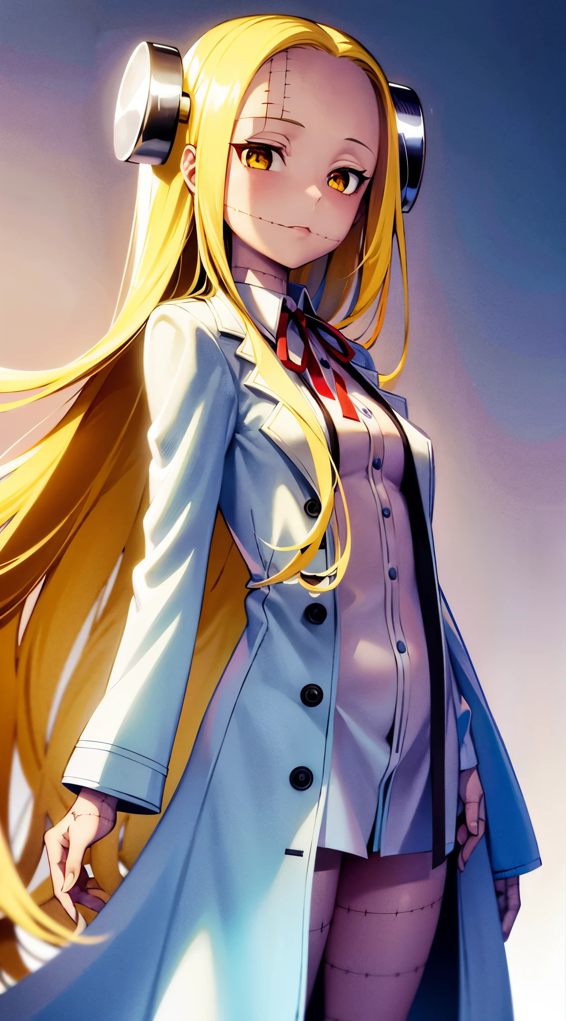 Fran,young woman,White lab coat,((Calm)), long hair , yellow hair,seams , Scars on the body , (Points Forward),