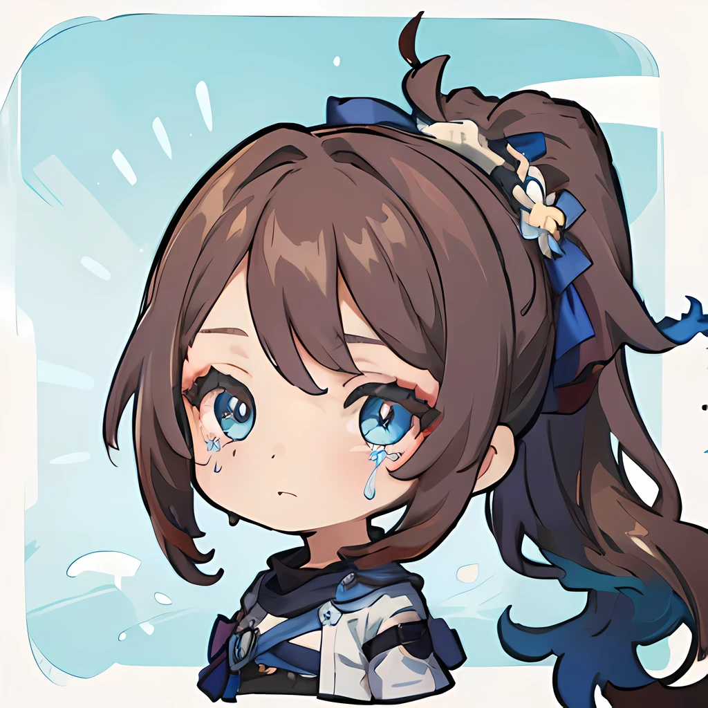 1 cute girl, chibi, upper body, big head, crying, character traits, brown ponytail hair, blue eyes