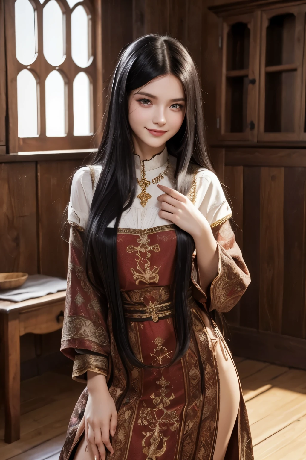 (1Girl, russian model, ((beautiful, perfect)), long hair black hair, noble, petite curves, shy smile, wearing simply medieval clothes), (in a wooden living room)