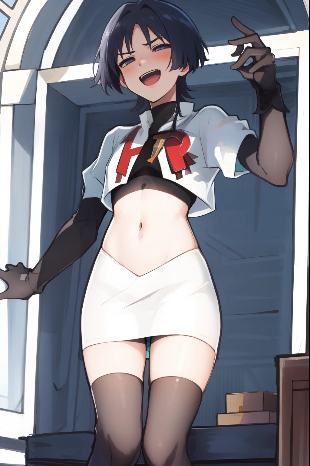 absurdres,masterpiece, trap, best quality, highres, high quality, 1boy, solo, male focus, hair, crossdressing,1boy,team rocket,team rocket uniform,white skirt,red letter R,crop top,black thigh-highs,black elbow gloves, evil laugh, blush