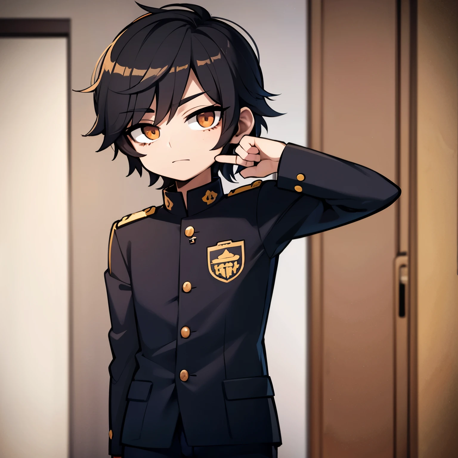 Imagen estilo anime de un chico que viste un uniforme Escolar y esta sosteniendo una daga de color negro