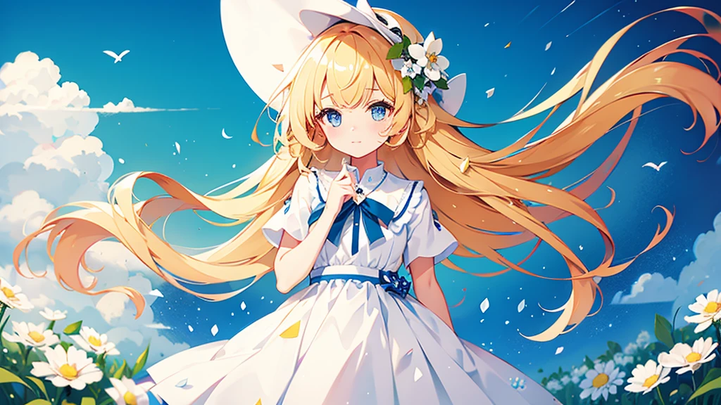 (1 girl, blonde hair, blue eyes, white sundress, kawaii), (blue moon, white flower field, green road, geometric pattern), (low contrast, flat color, limited palette)