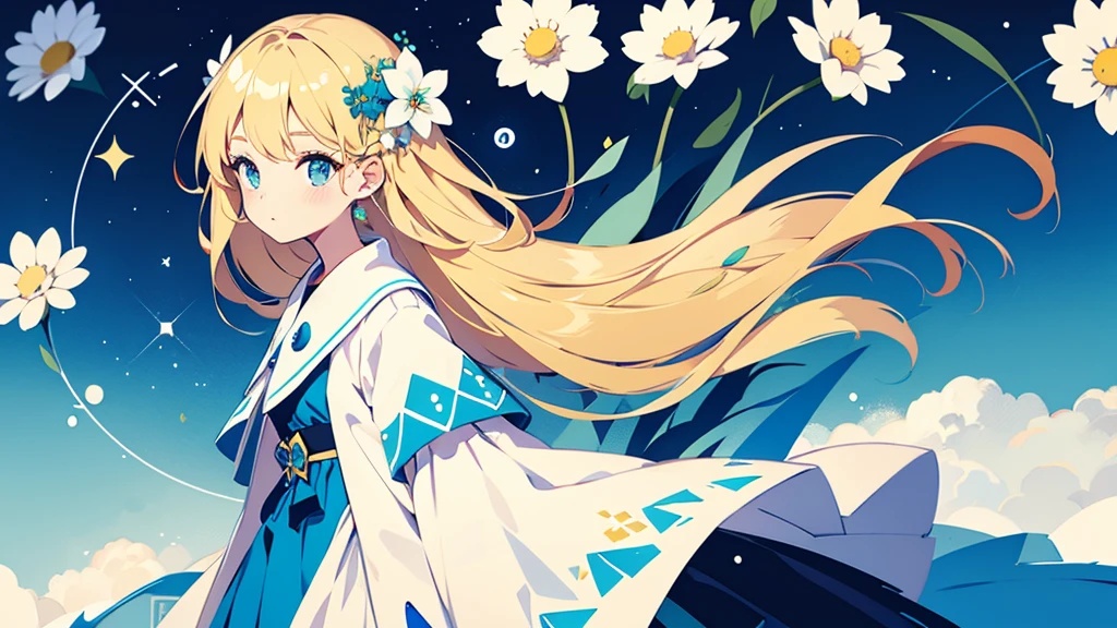 (1 girl, blonde hair, blue eyes, white sundress, kawaii), (blue moon, white flower field, green road, geometric pattern), (low contrast, flat color, limited palette)