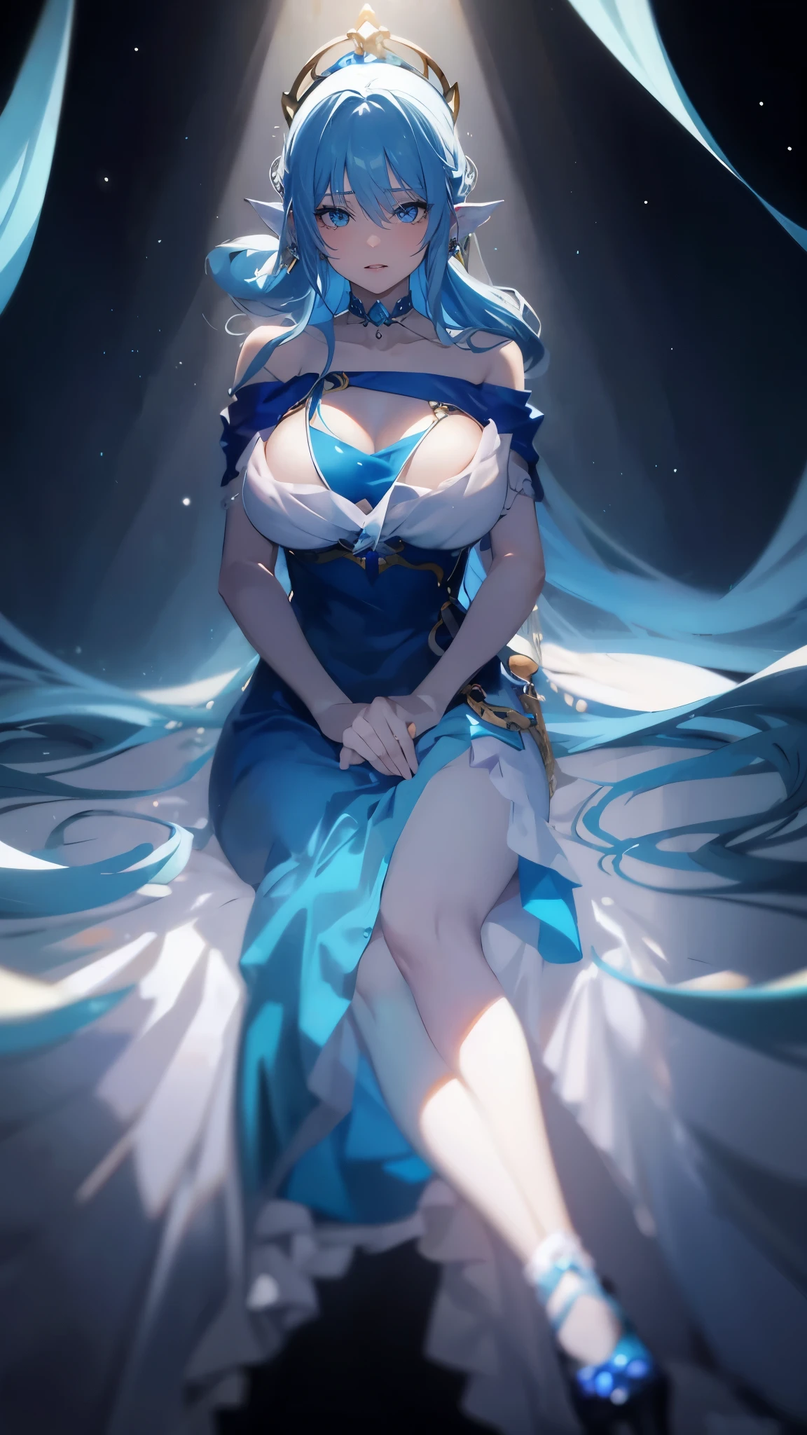 海long blue hair,close up,dream world,Mermaid Royal Sister, 海long blue hair,sitting on an royal throne,tear nevus,Mermaid ears,(pearl head chain,necklace),necklace,Long off-the-shoulder blue dress,humanoid, Poseidon temple background, her skin is white, fair complexion,green eyes,long blue hair, Two long black stocking legs,High heel,black legs,tattoo