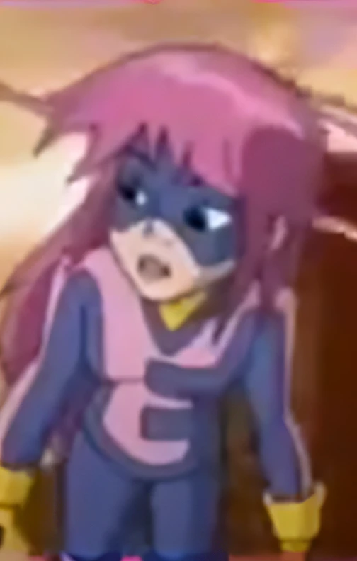 pink lips, detailed lips, blue eyes, perfect eyes, pink hair, pony tail, long hair, pink long hair with a pony tail and a yellow hair tie, purple mask, purple and pink costume, superhero costume, yellow gloves, purple shoes, pink socks, yellow scarf,