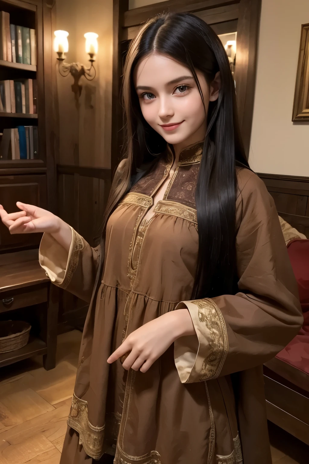 (1Girl, russian model, ((beautiful, perfect)), long hair black hair, noble, ((petite)), shy smile, wearing simply ((brown)) medieval clothes), (in a wooden living room)