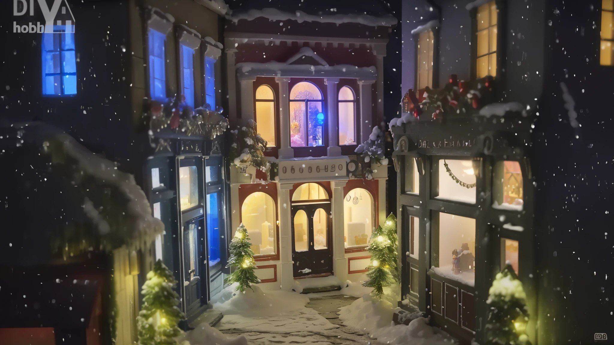 Close-up of a building with illuminated front entrance, Warm street light storefront, snowy winter christmas night, Photos of Victorian dollhouses, Complex and highly detailed 8k, As detailed, World of Miniature, Miniature City, The window light is on, Beautiful detailed miniatures, Miniature Cafe Diorama, Highly detailed, award-winning, snowfall at night