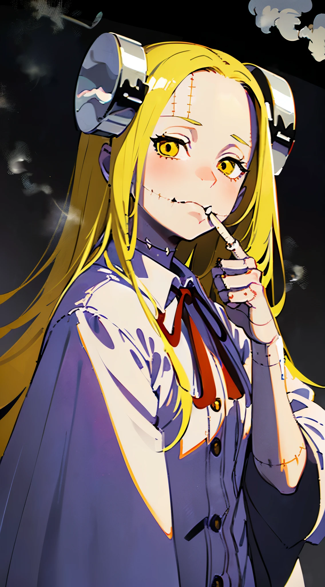 Madaraki_Fran,young woman ,the madhatter ,white robe ,wrinkles,concerned,((embarrassed)), long hair,(((HORNY)) , yellow hair,seams , Scars on the body , A creepy look , scary eyes , An intimidating look , creepy smile , bags under the eyes, ((((steam from the mouth))))