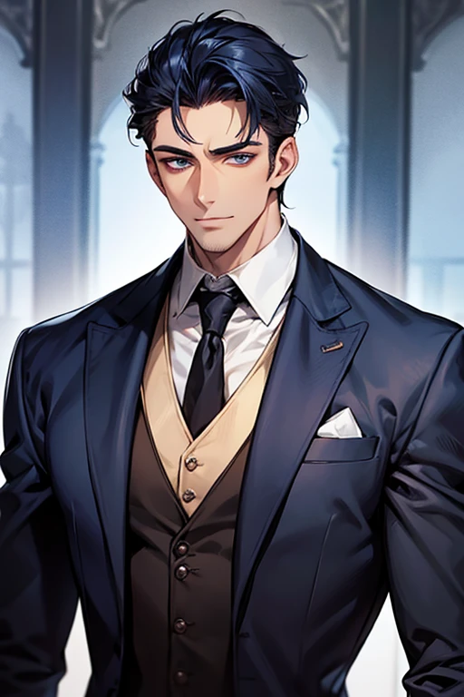 ((muste piece)), ((best quality)), ((brown skin)), ((dark blue eyes)), ((Dark blue hair))、handsome man , ((short hair:1.0)), masculine、tall、y、Adult man、Three white eyes、handsome man、firmly、muscular、broad shoulders、smile、wild、とてもwild、(((black suit))、 (highest quality), very detailed, focus only， very detailed顔，