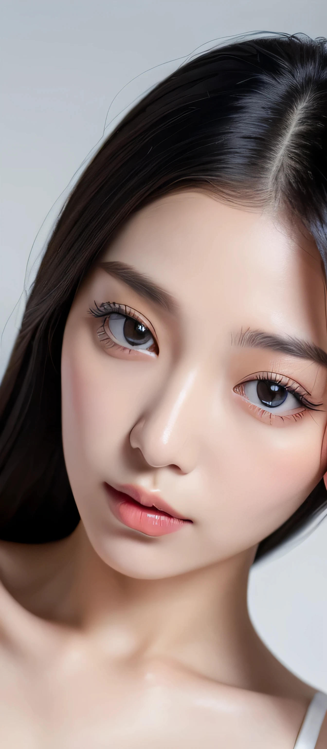 ((Best quality, 8k, Masterpiece :1.3)), Sharp focus, selfie, A pretty woman with perfect figure, ((black hair, normal breasts)), (crop top,cotton), simple background, Highly detailed face and skin texture, Detailed eyes, Double eyelid