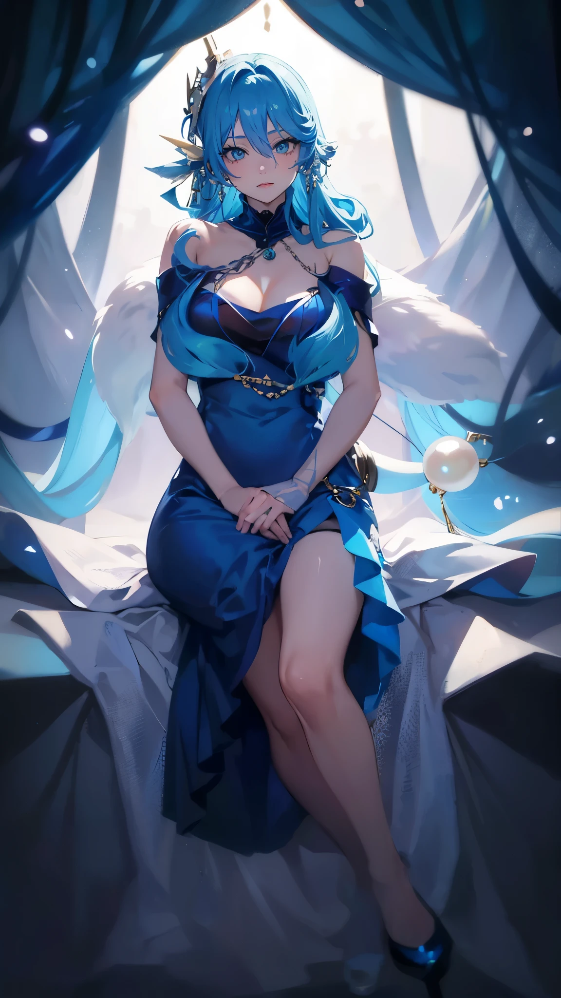 海long blue hair,close up,dream world,Mermaid Royal Sister, 海long blue hair,sitting on an royal throne,tear nevus,Mermaid ears,(pearl head chain,necklace),necklace,Long off-the-shoulder blue dress,humanoid, Poseidon temple background, her skin is white, fair complexion,green eyes,long blue hair, Two long black stocking legs,High heel,black legs,tattoo