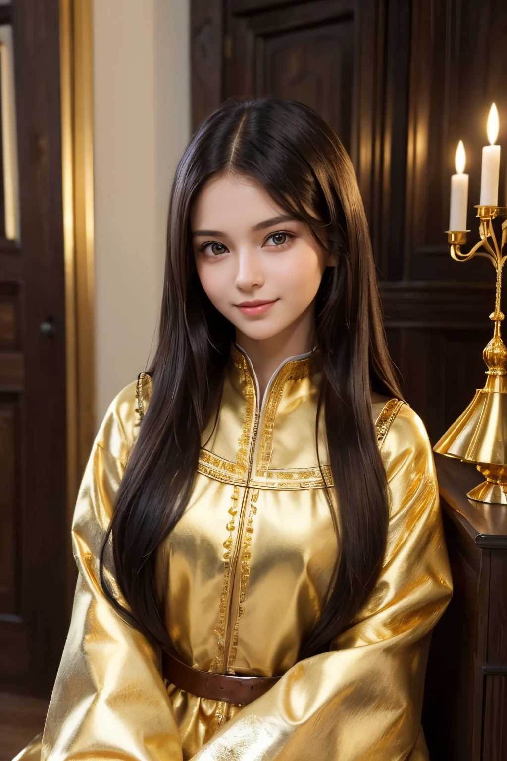 (1Girl, russian model, ((beautiful, perfect)), ((brown eyes)), long hair black hair, noble, ((cute, petite)), shy smile, wearing simply ((golden)) medieval clothes), (in a wooden living room)