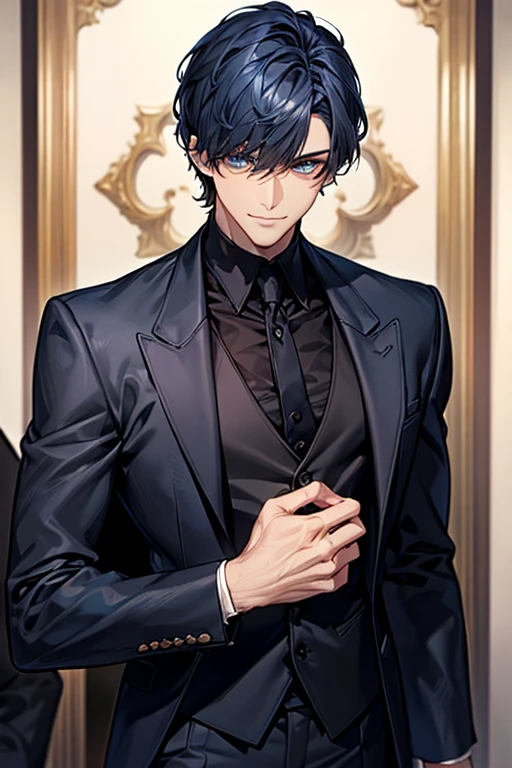 ((muste piece)), ((best quality)), ((brown skin)), ((dark blue eyes)), ((Dark blue hair))、handsome man , ((short hair:1.5)), masculine、tall、sexy、Adult man、Three white eyes、handsome man、firmly、muscular、broad shoulders、smile、wild、とてもwild、(((black suit))、 (highest quality), very detailed, focus only， very detailed顔，