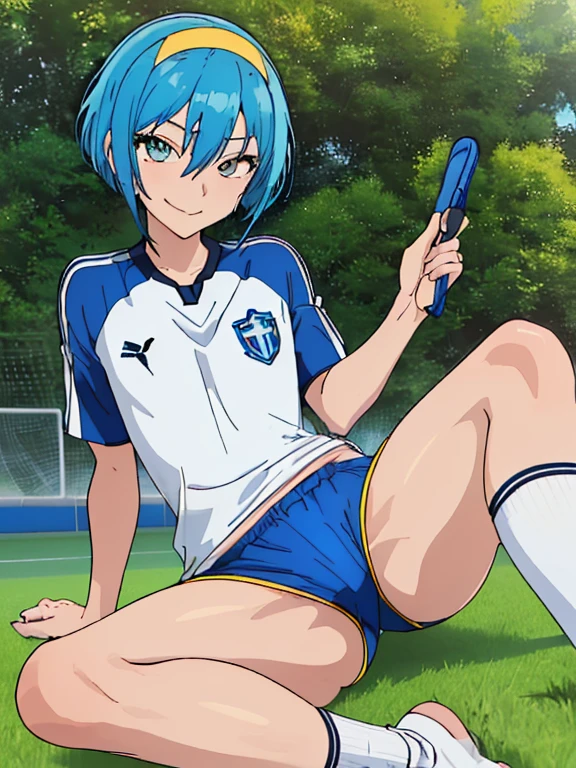 (((official art,Super thin illustration,High resolution, muste piece, best quality,best quality,)))high quality, detailed, (little boy),12 years old, A young ace striker male idol with a super cute face,A boy as beautiful as Planding, Cool handsome face with smile, soccer spike, long legs, thighs, Foots, Bulge, (Blue-haired、short hair)、shiny hair, (Tight shiny random color soccer uniform suit), (tight and shiny soccer shorts), (Soccer Socks), grassy area, cool pose, (厚いthighs、Seduce your big ass to your crotch)、(((soccer field in the park)))、((Saucy、))、grinning grin、spread legs,ultra fine painting, (best quality, In 4K, 8K, High resolution, muste piece:1.2),(((Being aware of the sexual gaze of middle-aged gay men)))、Service Shots、((detailedな目:1.2))、cute eyes、showing off his big butt、proud butt、(hair band)、Forehead exposed、