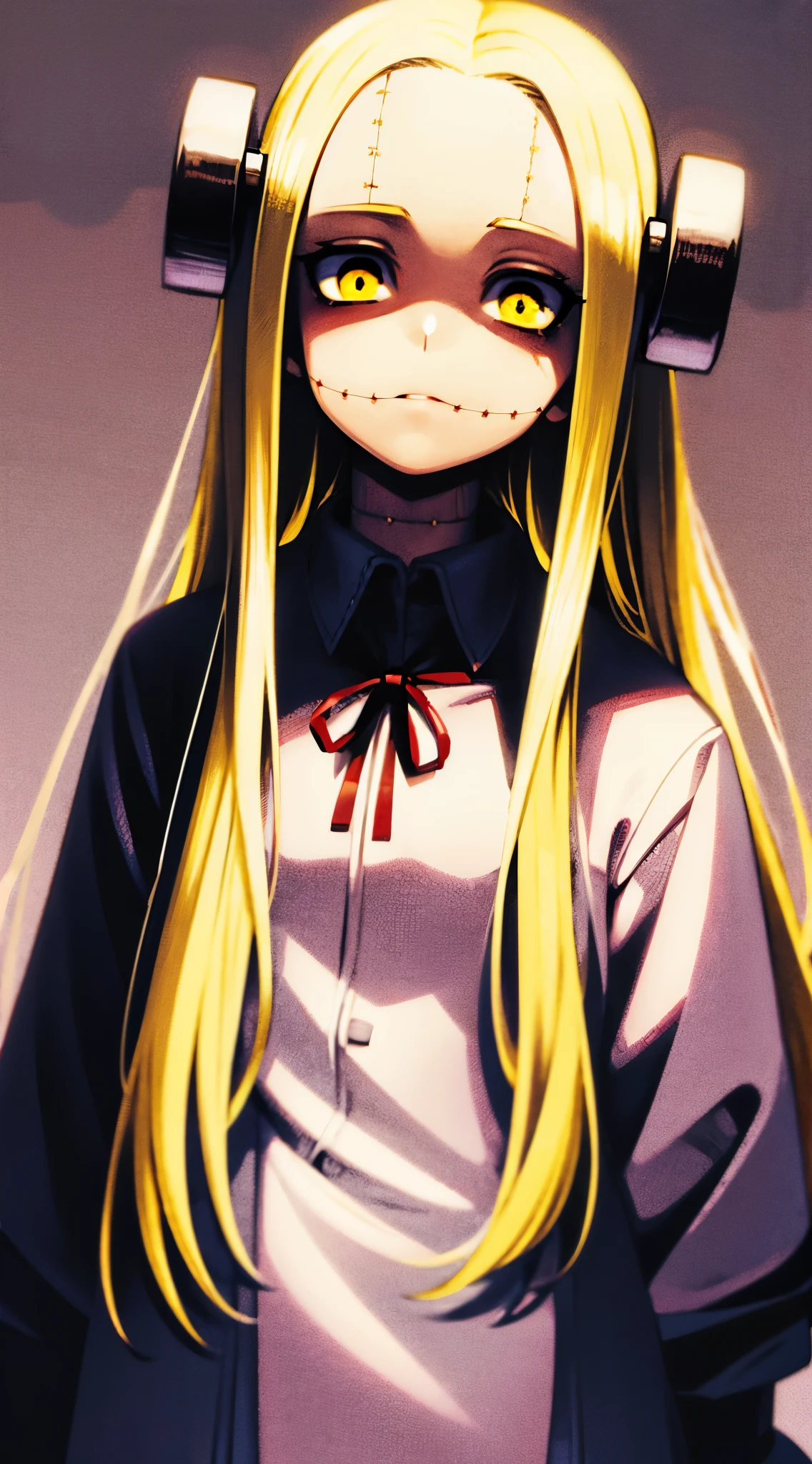 Madaraki_Fran,young woman ,costs,Happy,the madhatter ,surgeon ,clean hands, long hair , yellow hair,seams , Scars on the body , A creepy look , scary eyes , An intimidating look , creepy smile , bags under the eyes, ((((Tired)))),simple background